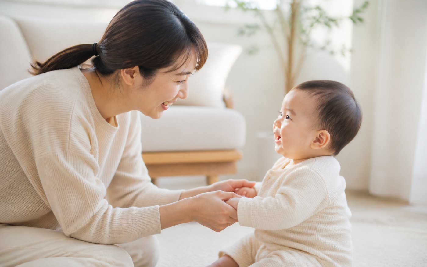 母親と手をつないで笑う赤ちゃん