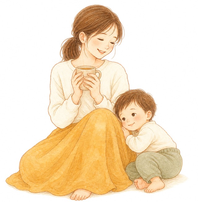 温かい飲み物を手にほっとひと息つくお母さんと、寄り添う子ども