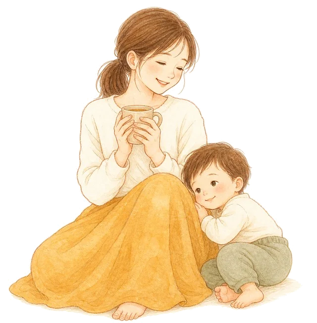 温かい飲み物を手にほっとひと息つくお母さんと、寄り添う子ども