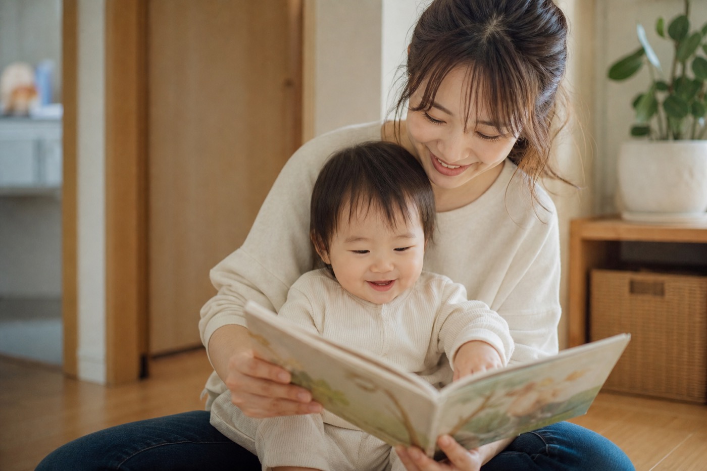 家で絵本を読む親子