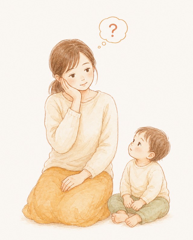 考えごとをするお母さんと、見上げる子ども